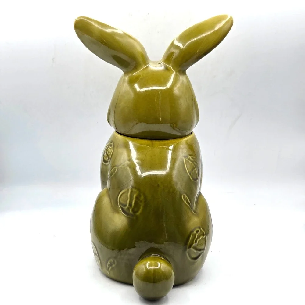 VINTAGE Olive Green Bunny Rabbit Shaped Cookie Jar‎ Doranne of California RETRO